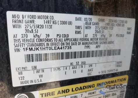 2020 Ford Expedition Xlt Max из США, поврежденный, VIN 1FMJK1HT0LEA41735